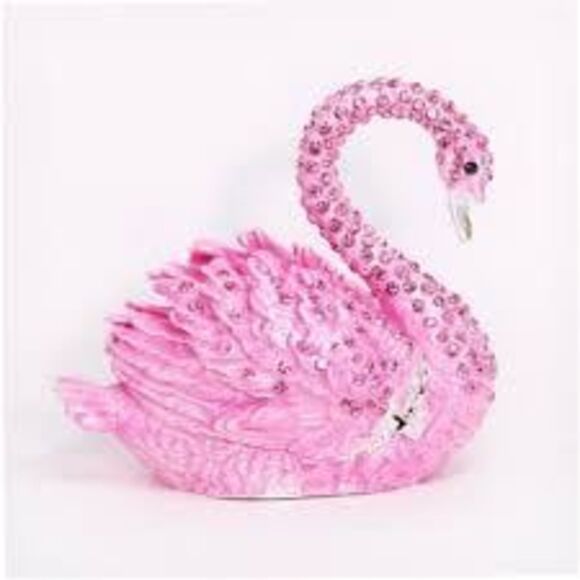 Bejeweled Pink Swan Hand Painted Enamel Collector's Magnetic Hinged Trinket Box - Picture 1 of 6